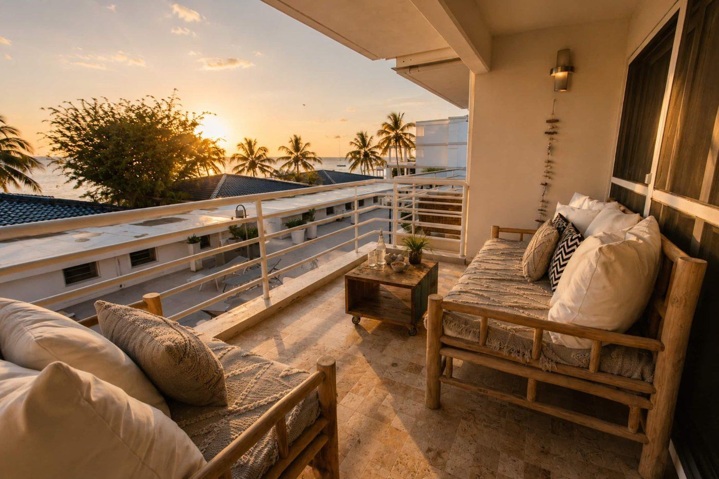 Tuna apartment: private balcony with lounge sofa at sunset